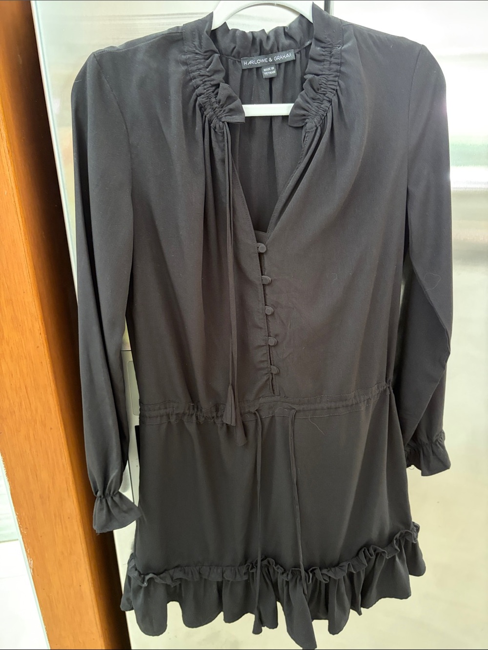 Harlowe & Graham Black Long-Sleeve Ruffle-Trim Mini Dress